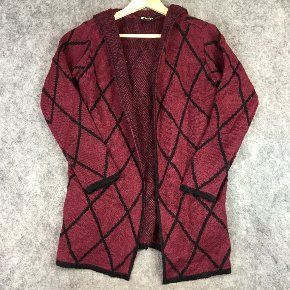 BYDesign Cardigan M Hooded Open Front Berry Red Argyle Cozy Pockets Sweater